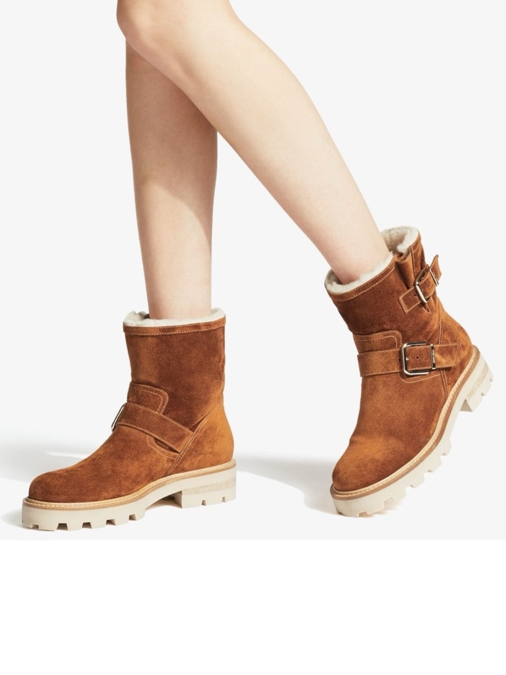 Jimmy Choo Youth II Biker Boots Shearling Lined Tan Suede Leather Size 36 US 6